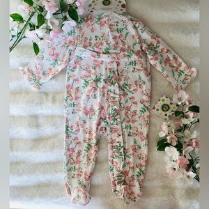 Spring Floral Ruffle Baby Footie Jumpsuit Romper, Hat, & Gift Bag Set, 9 Months